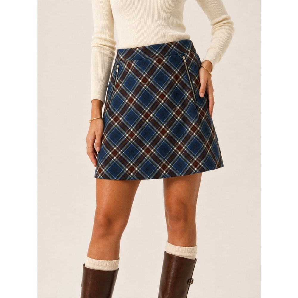 Le Lis Collection Plaid Mini Skirt XXL Blue Brown Zip Pockets Preppy Academia
